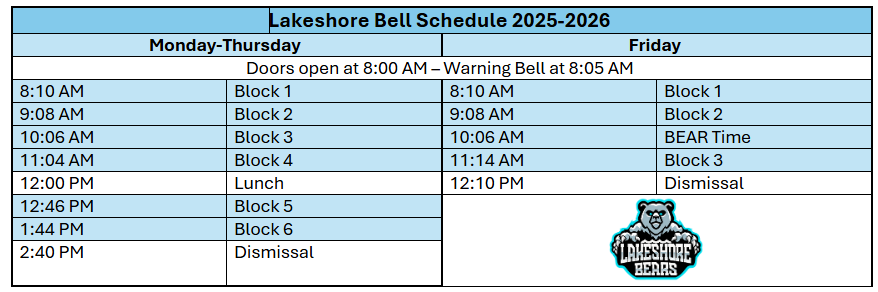 Lakeshore Bell Schedule 2025 26
