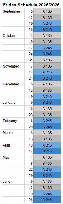 Lakeshore Friday Schedule 2025-26